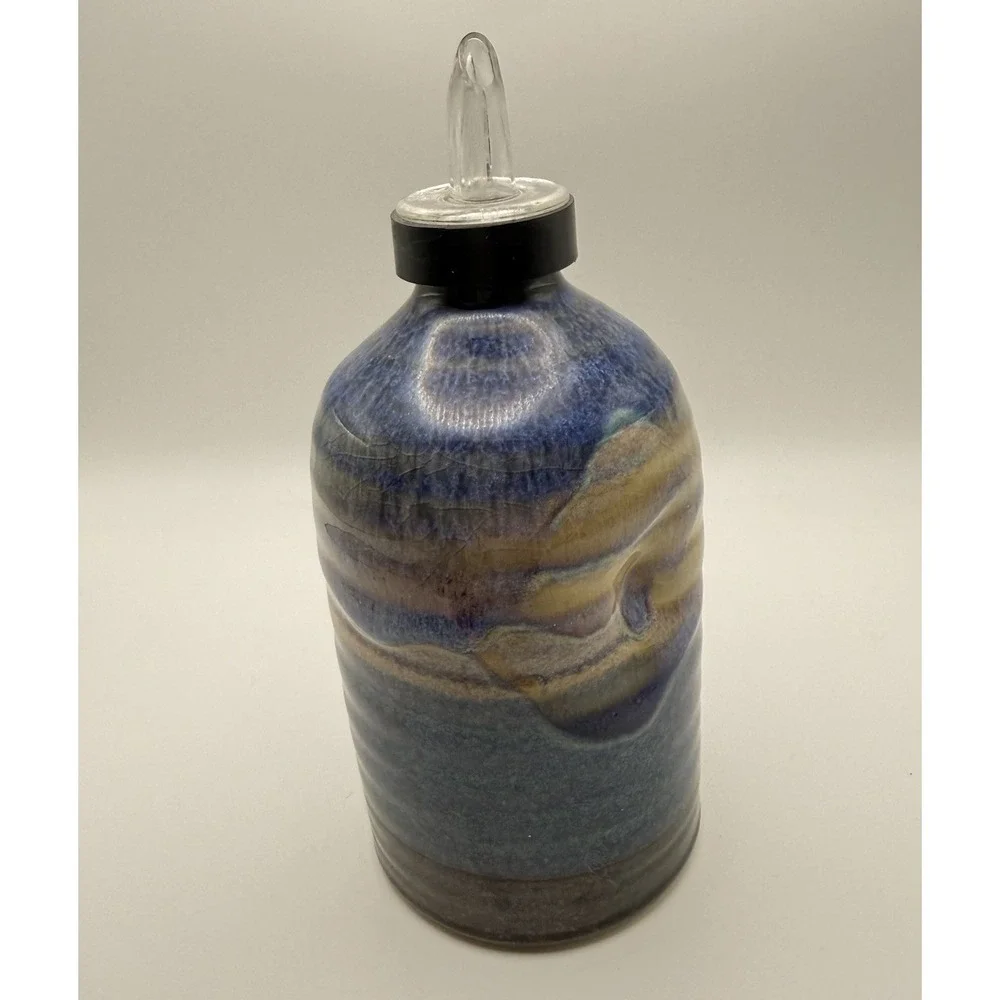 Signed Studio Pottery Cruet Bottle Blue Pottery Oil Vinegar Dispenser